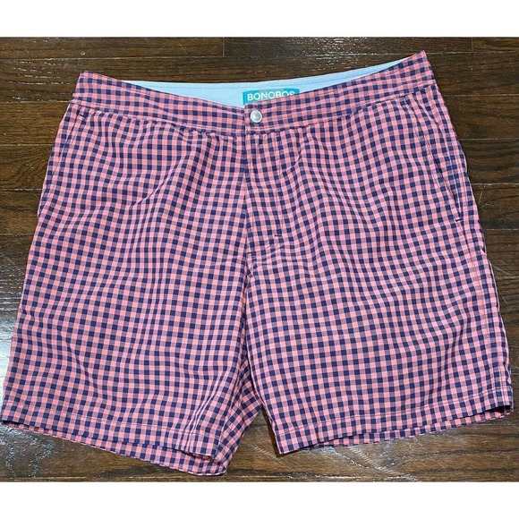 BONOBOS Red & Navy Blue Checked Lined Swim Trunks Men's Size 32 BOARD SHORTS - Picture 3 of 7